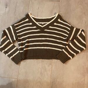 American Eagle Striped V-Neck Sweater - Olive and Cream
